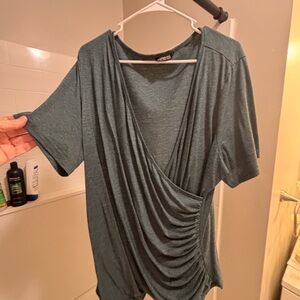 Greenish gray wrap cinched short sleeve T-shirt for layering